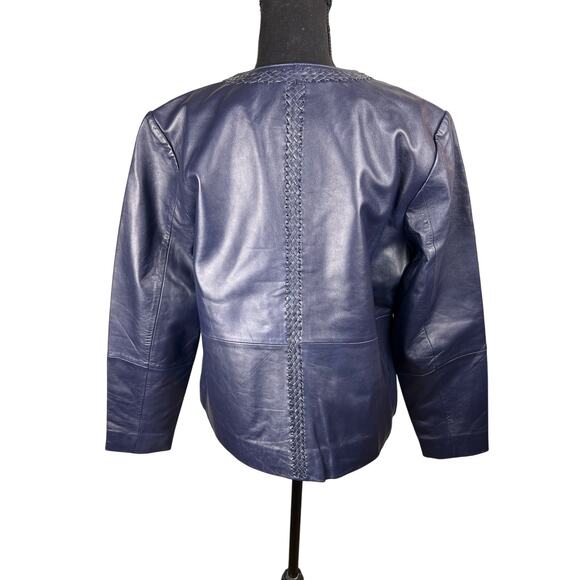 QVC Susan Graver Genuine Leather Jacket w/ Braided Trim NWOT NAVY SIZE 12 - Picture 5 of 9